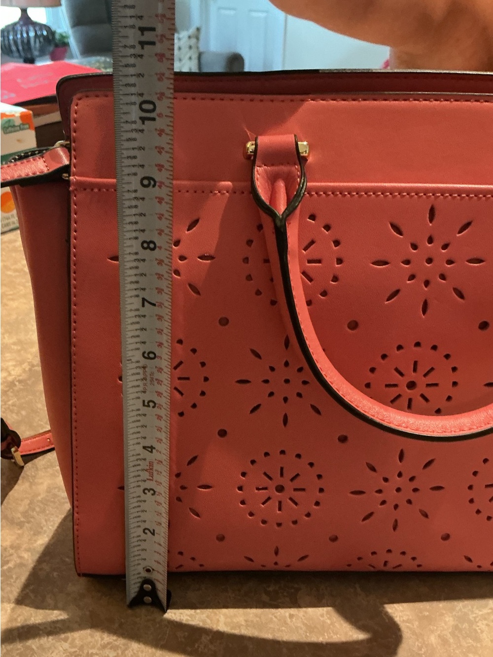 crown & ivy Coral Laser-Cut Satchel with Top Handles Pocketbook Purse